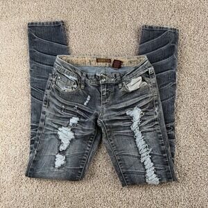 Y2K Zco Skinny Jeans Womens 3 Medium Wash Distressed Stretch Embroidered Denim